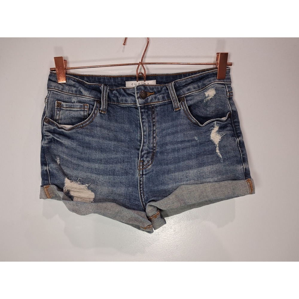 Eunina Kara Super High Rise High Low Rolled Denim Shorts Med Wash Distressed M